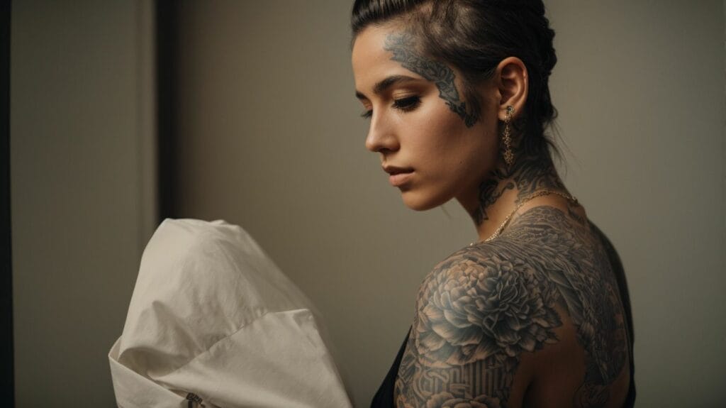 A woman with tattoos holding a Bible.