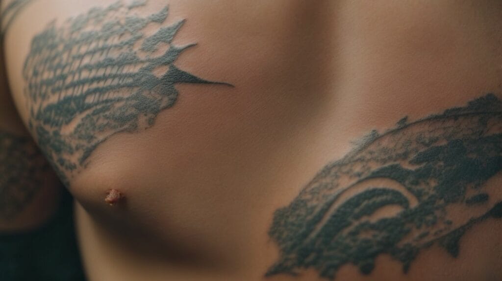 A close up of a man with peel tattoos on his chest.