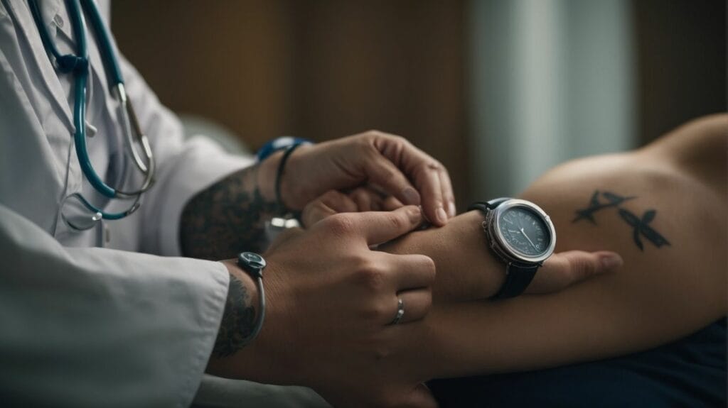 A doctor examining a patient's wrist with a watch.