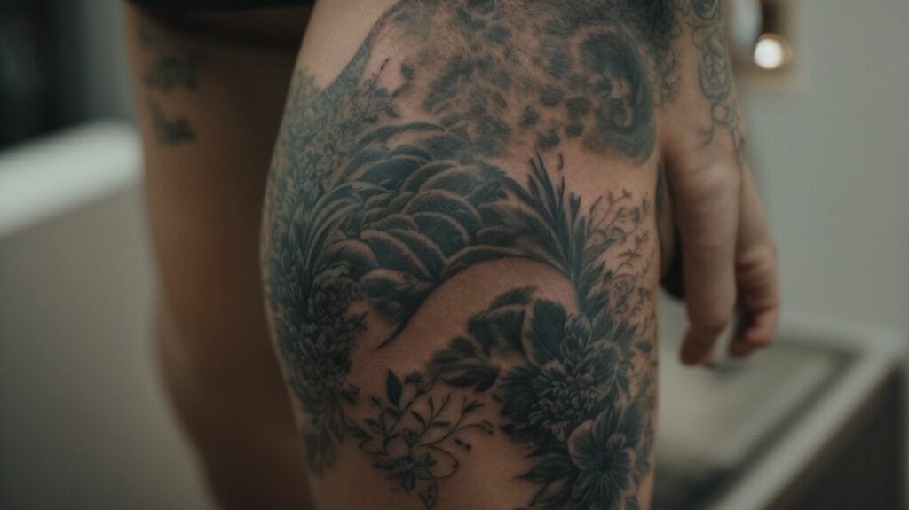 A woman's thigh adorned with a striking black and grey tattoo.