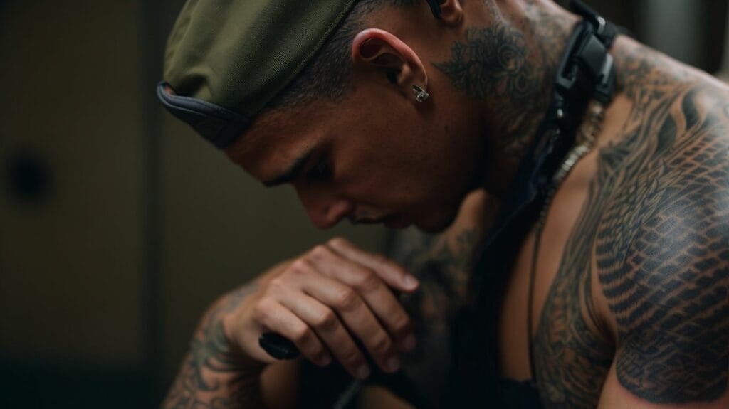 A man from the Army, with tattoos and a beanie, looking at his phone.
