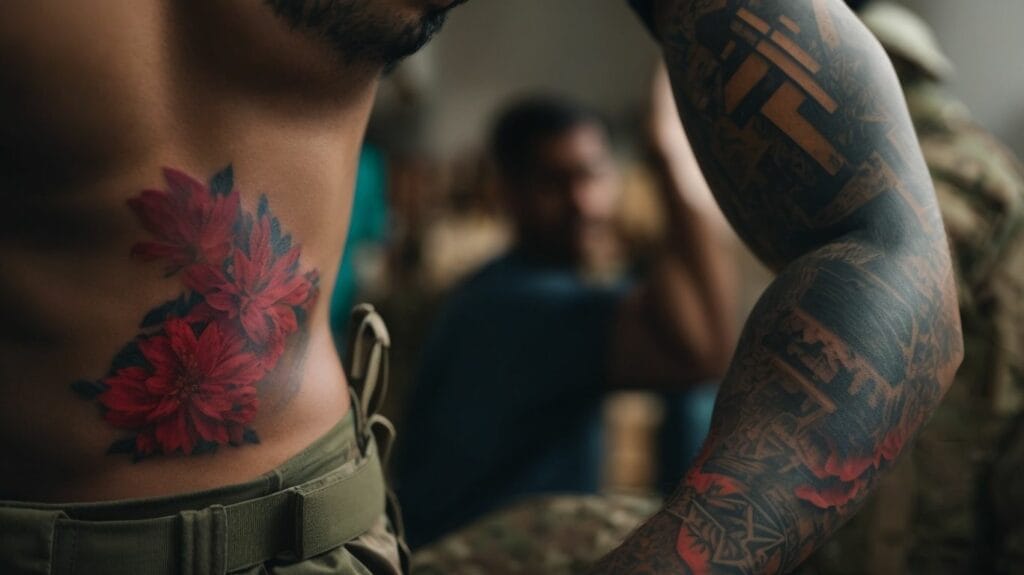 A military veteran with a tattoo on his chest.