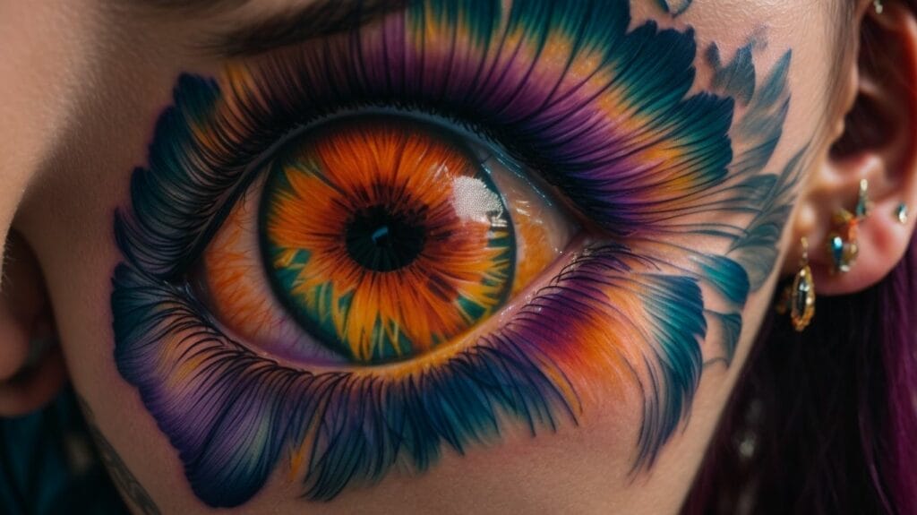 A woman with enchanting eyes adorned with a vibrant tattoo.