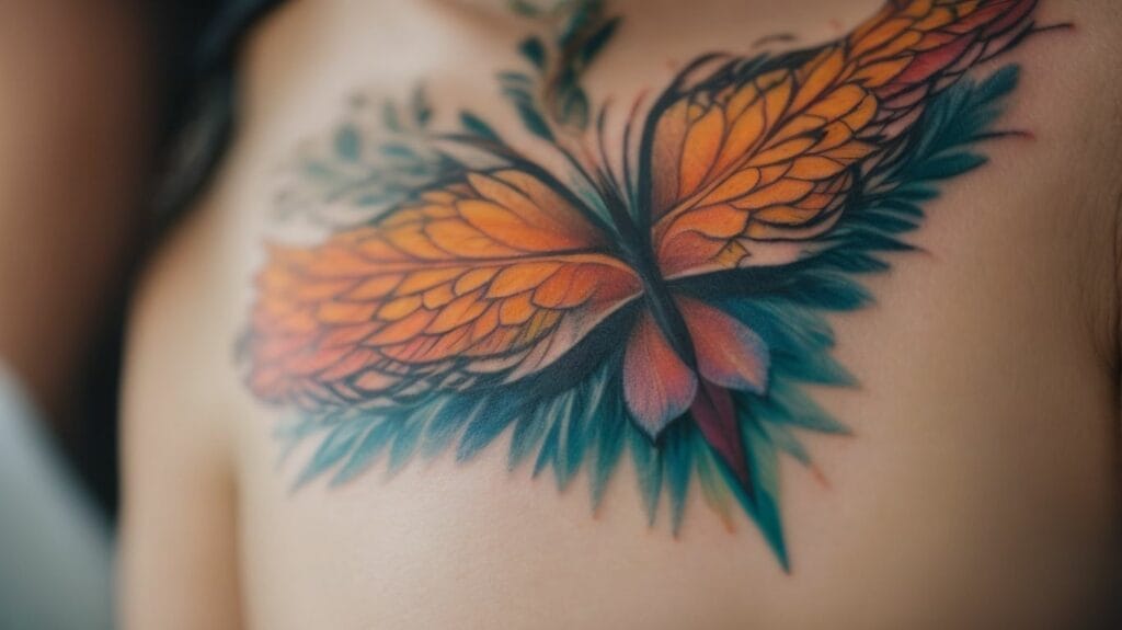 A woman with a butterfly tattoo on her chest, made to peel.