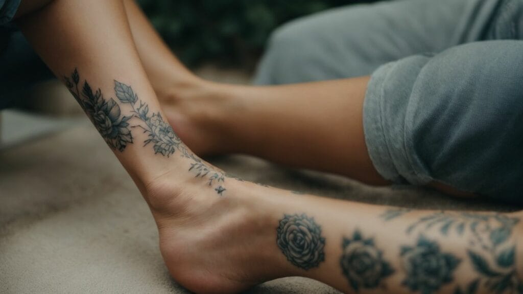 A woman's feet adorned with elegant ankle tattoos.