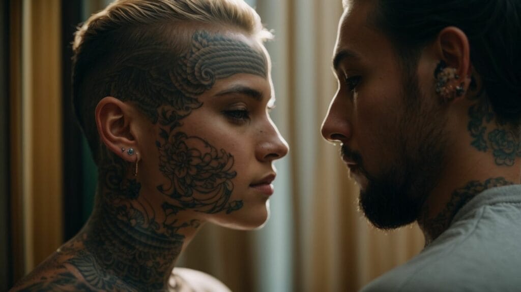 A man and woman with tattoos on their necks looking at each other, their intense gaze revealing a hidden hurt.