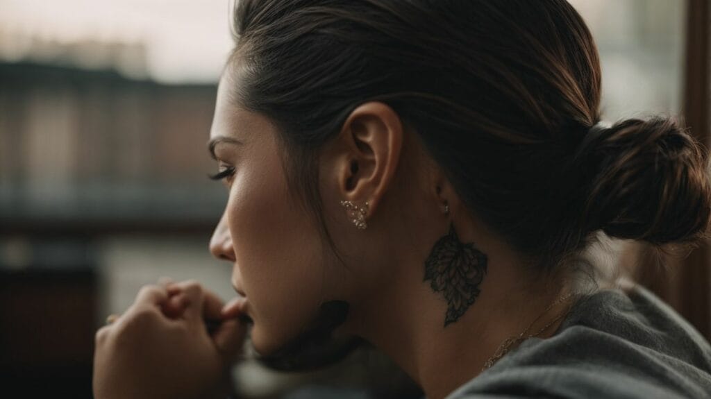 A woman with tattoos behind the ear looking out of a window.