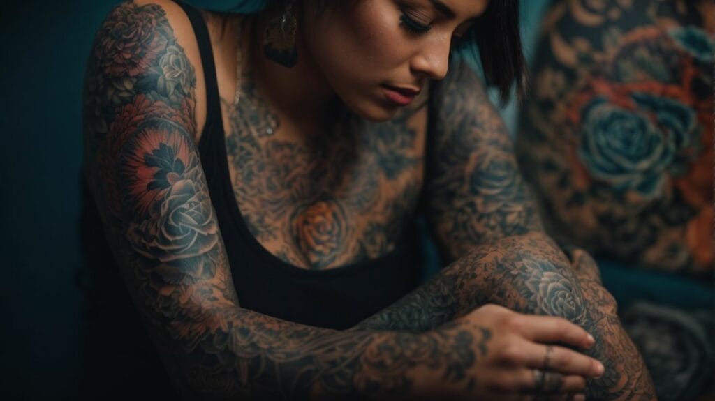 A woman with tattoos positioned on her knees, expressing no sign of hurt.