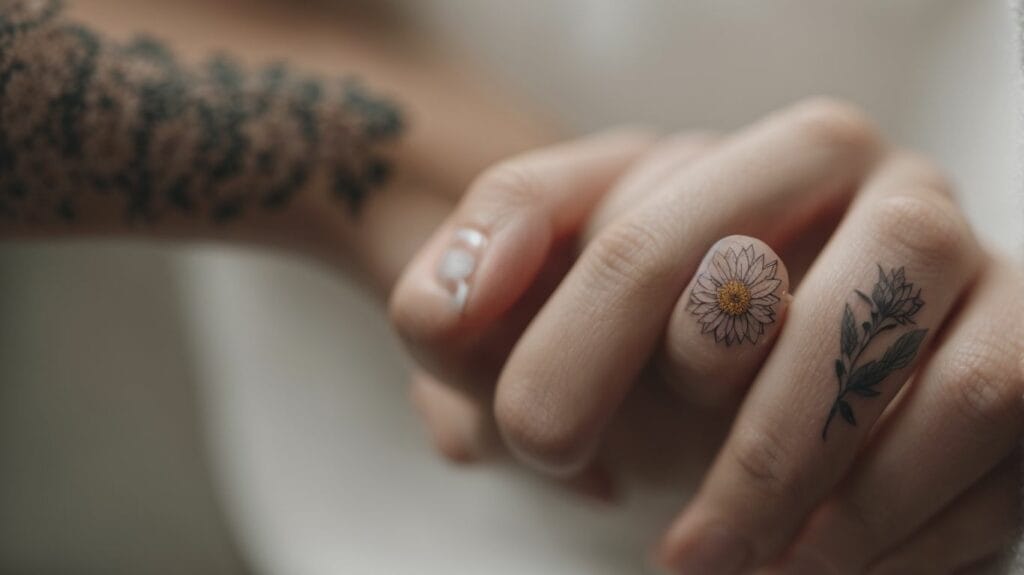 A woman's hand adorned with a delicate daisy tattoo.