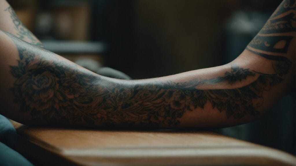 A man sitting on a chair with tattoos on his forearm.