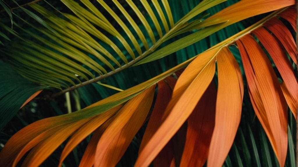 A close up of a palm leaf with orange and green leaves.