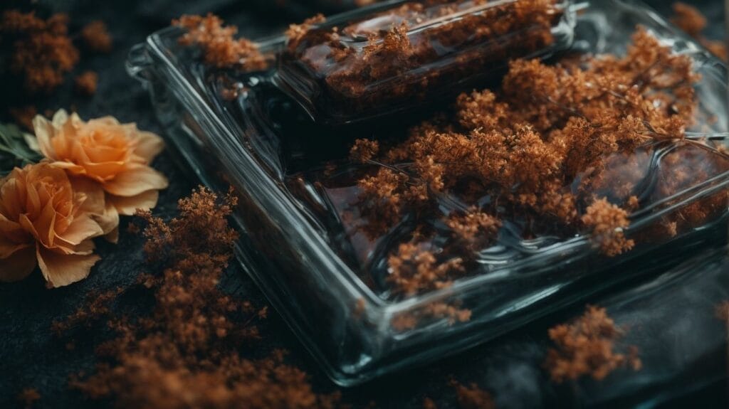 A glass vase holding vibrant orange flowers.