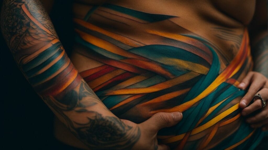 A woman with tattoos on her colorful stomach.