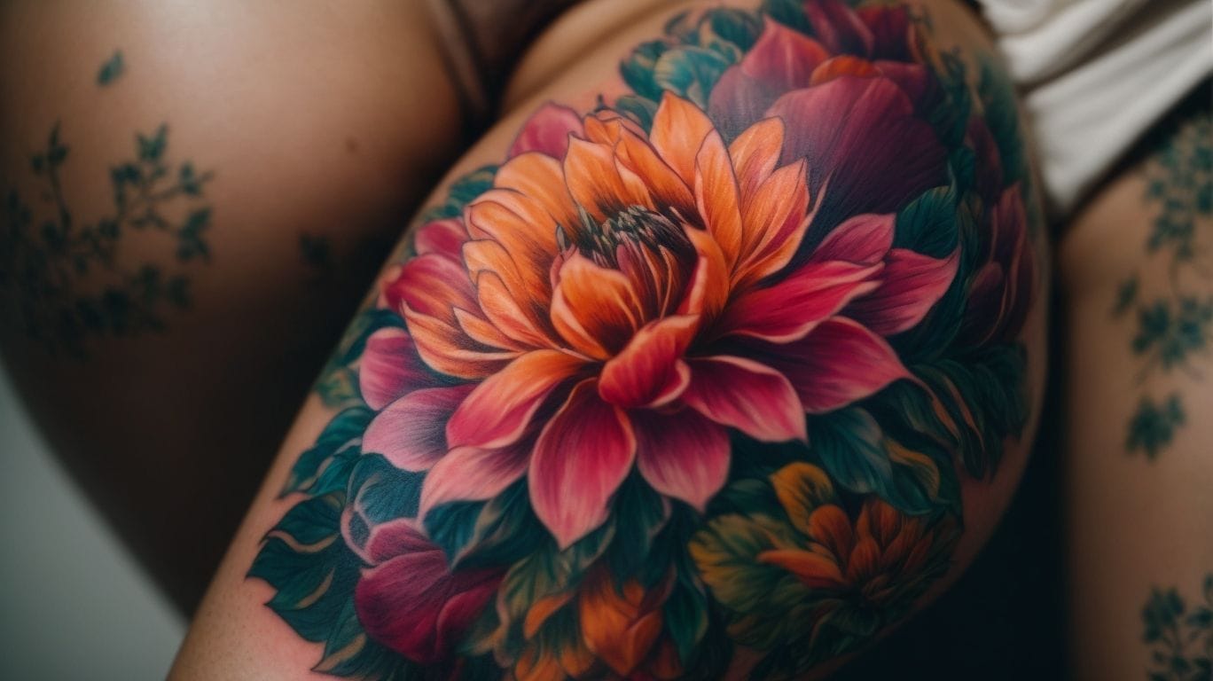 A woman with a flower tattoo on her thigh, showcasing her love for tattoos.