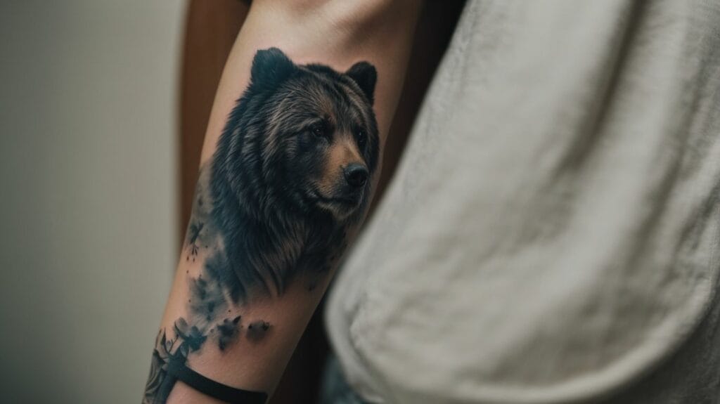 A wrist tattoo of a bear on a woman's forearm.