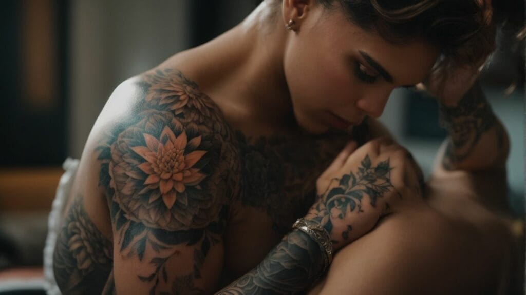 A woman with tattoos stretching on a bed.