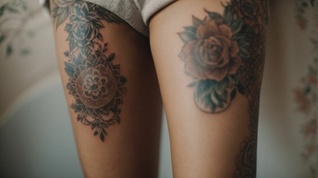 A woman with thigh tattoos.
