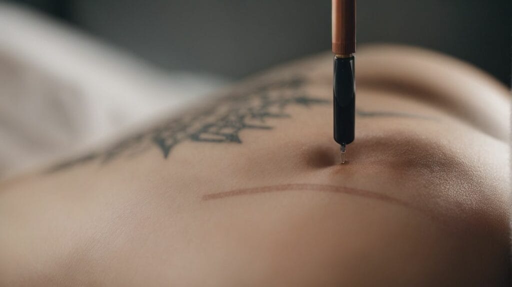 A woman is using tattoo numbing cream to make getting a tattoo on her back more comfortable.