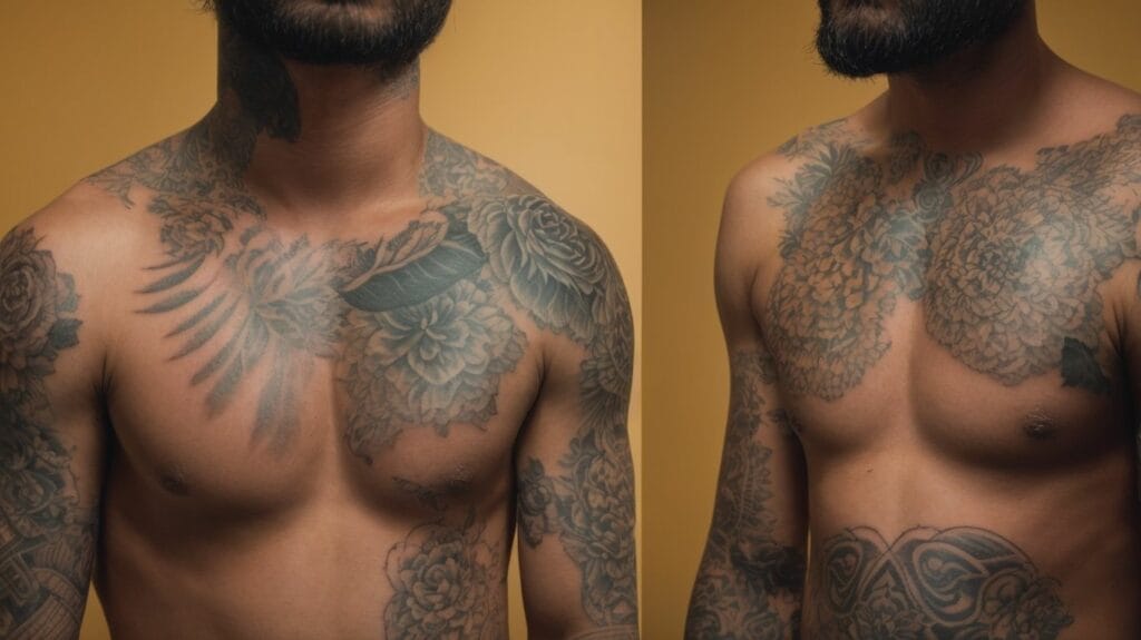 Two pictures of a man undergoing tattoo removal using cream.