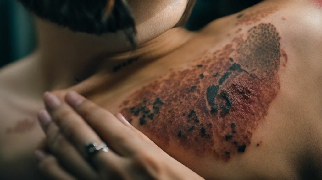 An infected woman with tattoos covering her chest.