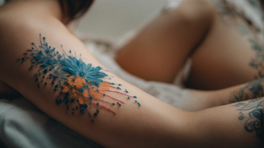 A woman with a tattoo on her arm.