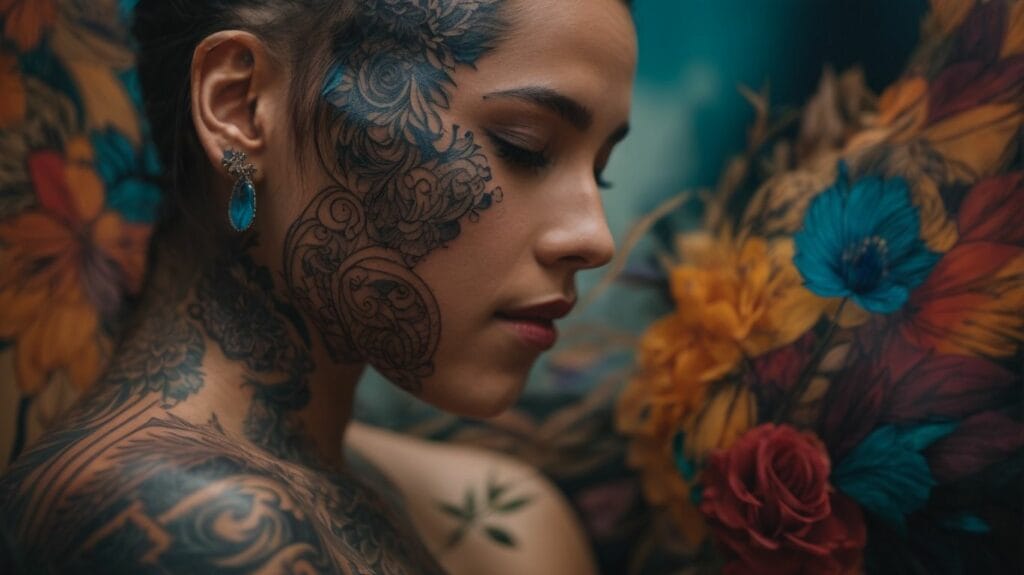 A woman with long tattoos on her body.