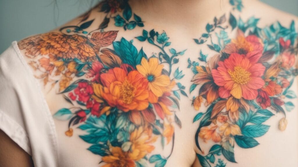 A woman showcasing temporary tattoos in colorful flower designs on her chest.