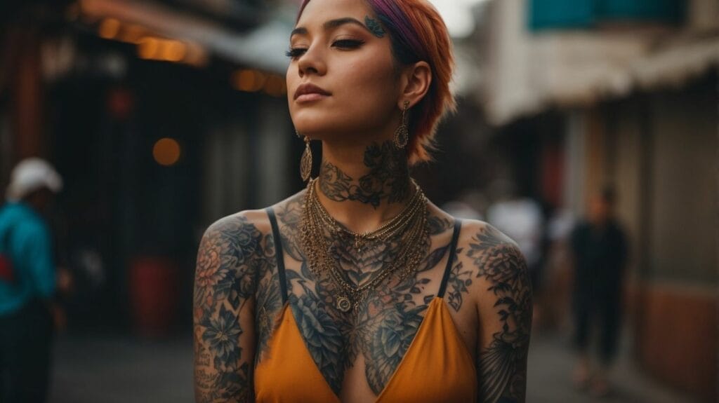A woman with neck tattoos standing in a city street.