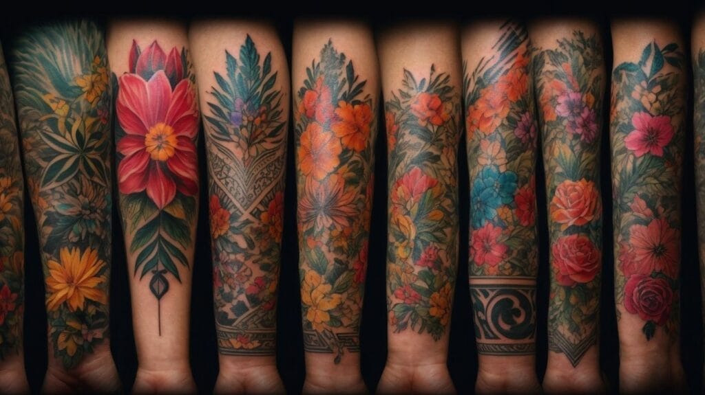 A collection of forearm tattoos adorned with beautiful flowers.
