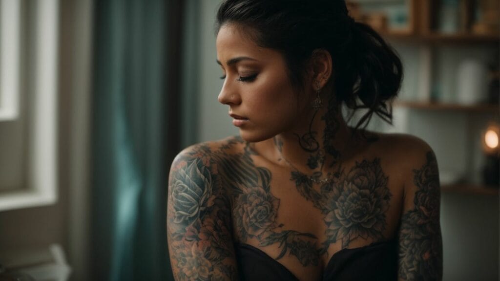 A woman with intricate tattoos observing the world from a somber window.