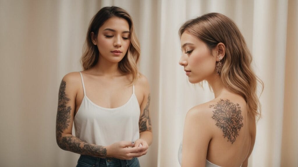 A woman with temporary tattoos looking at herself in the mirror.