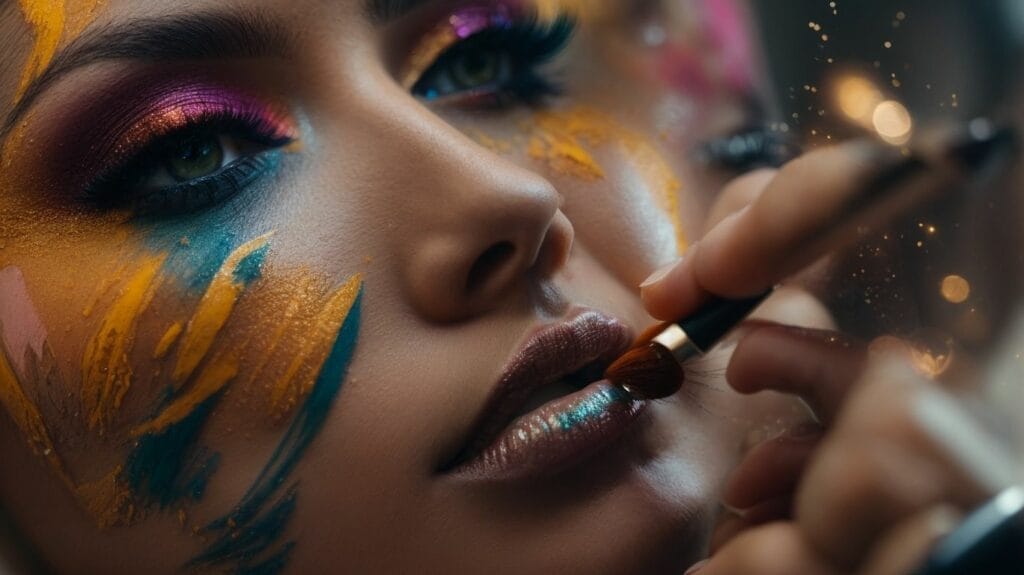 A woman is using makeup to paint colorful designs on her face.