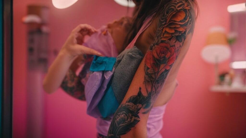 A woman with painful tattoos is holding a baby in her arms.