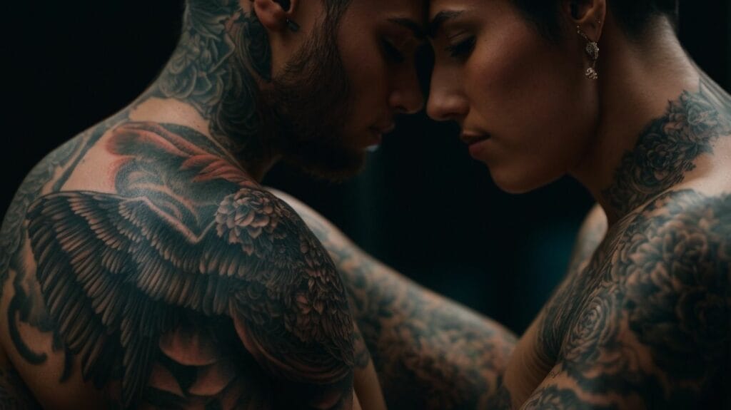 Two people with tattoos sinfully looking at each other.