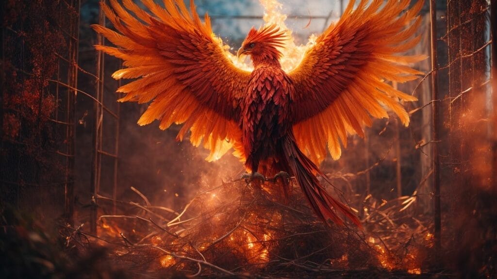 A red phoenix, symbolizing healing and rebirth, stands boldly amidst a raging fire. This captivating image represents the transformative power of tattoos.