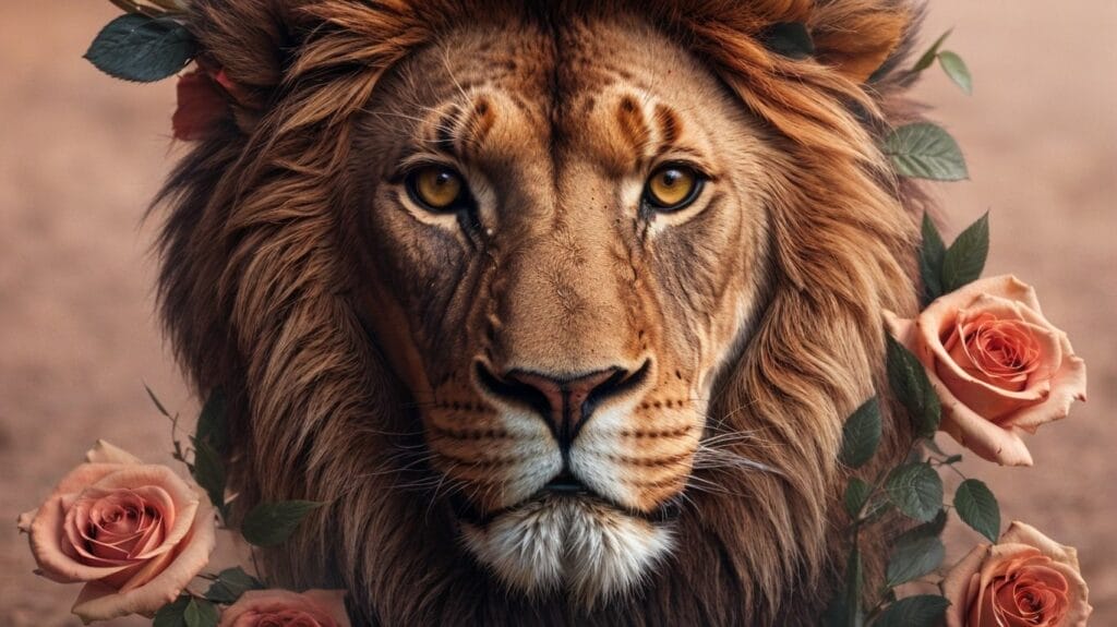 A majestic lion with roses adorning his head, representing strength.