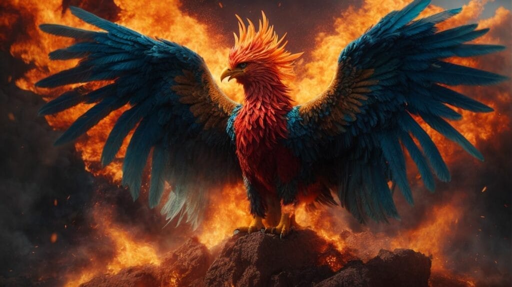 A red and blue phoenix, representing struggle and strength, is standing on top of a rock in front of fire.