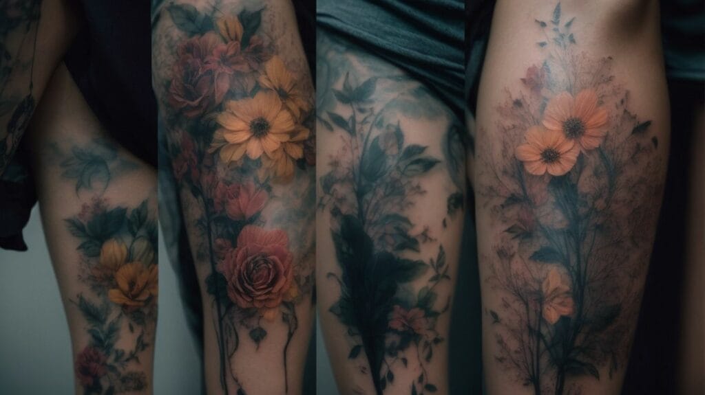 Four intricate tattoos of flowers gracefully adorn a woman's leg.