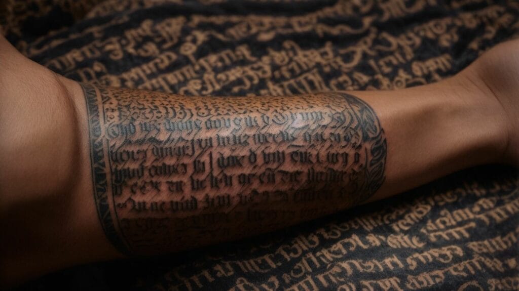A man with a tattoo of a book (Bible) on his arm.