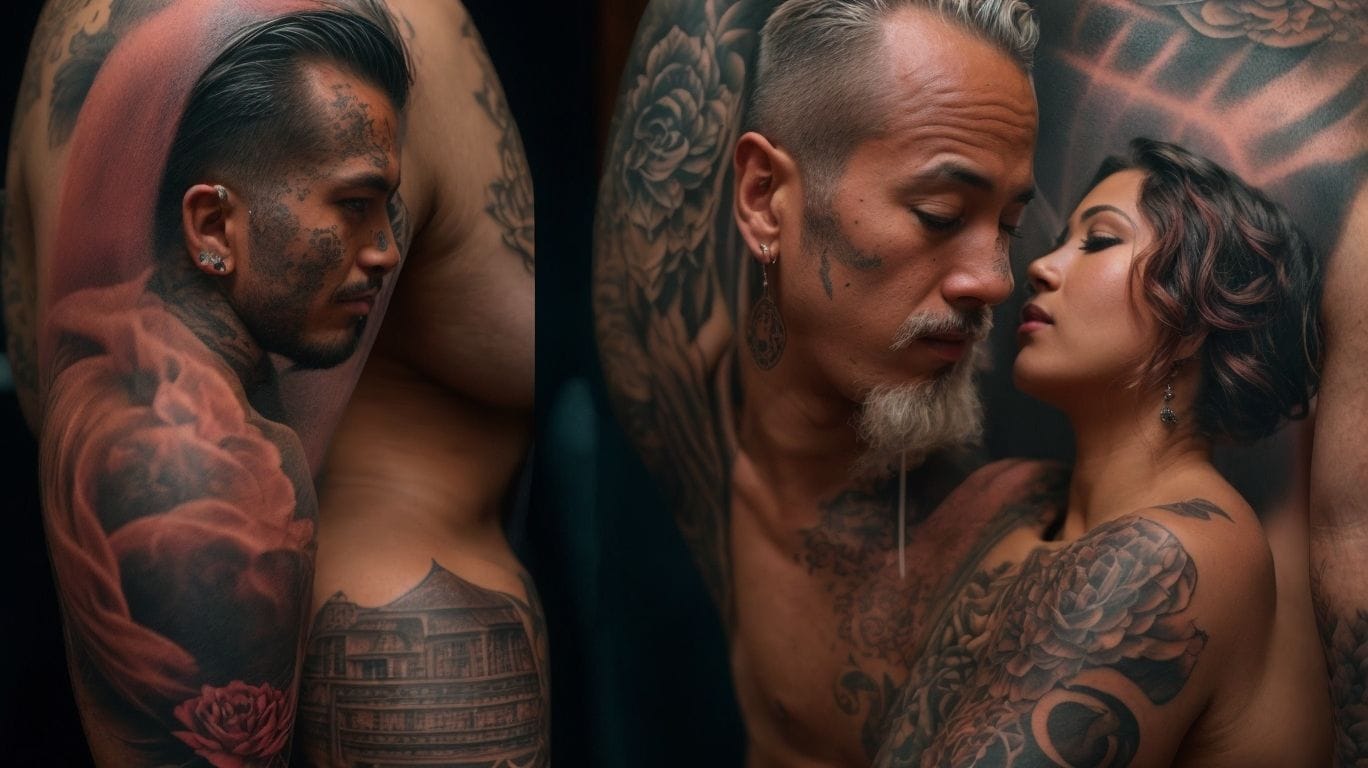 A man and woman with ugly tattoos on their arms.
