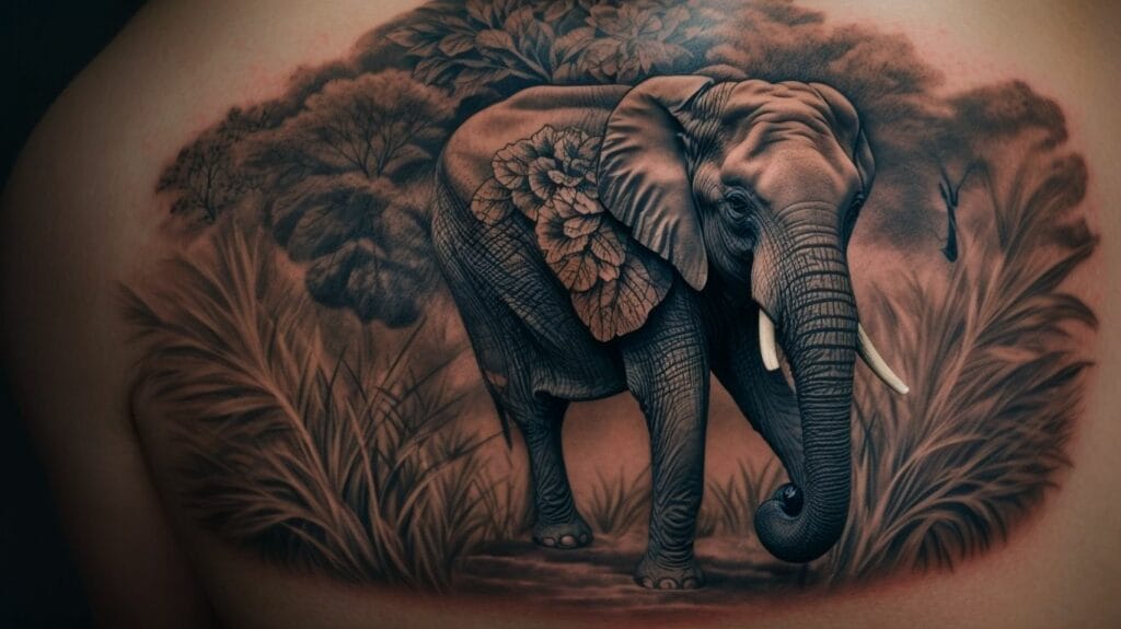 A woman showcasing a meaningful elephant tattoo on her back.