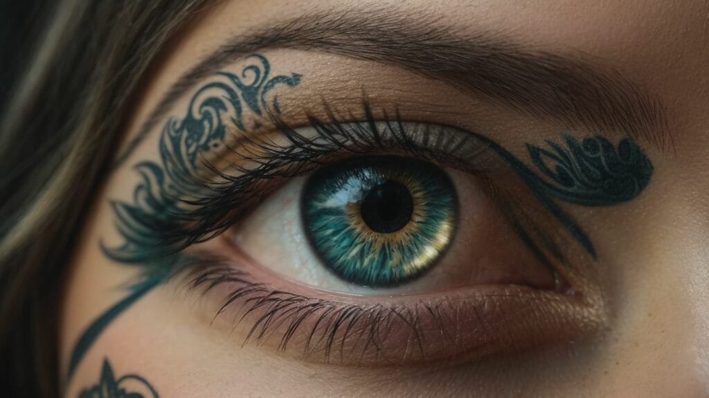 A close up of a woman's eye with intricate eye tattoos, each holding a deep and symbolic meaning.