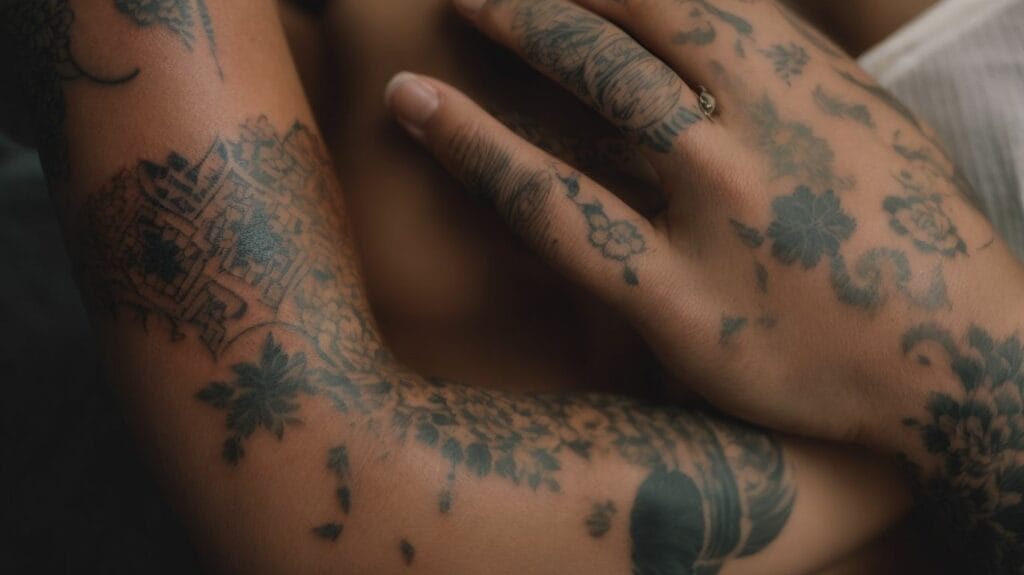 A woman with tattoos on her arm who feels like expressing herself.