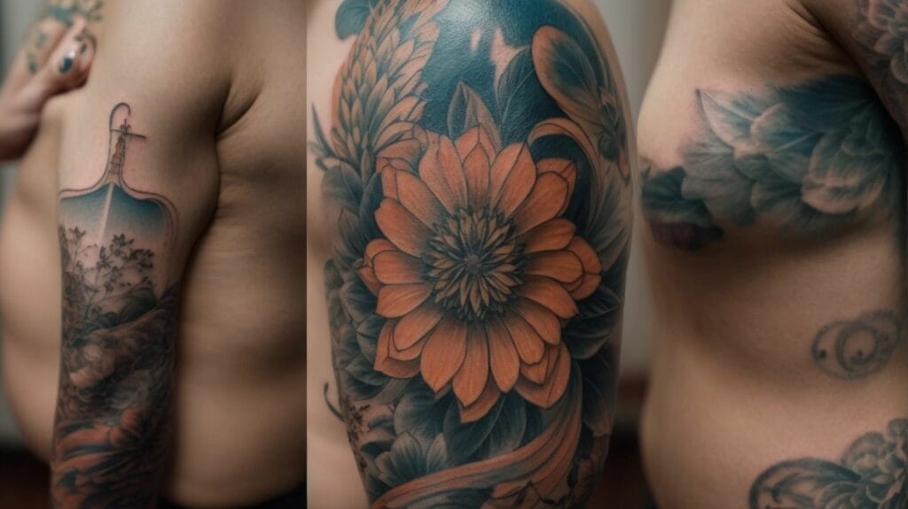 Sleeve tattoos of a man with flowers on his sleeve.