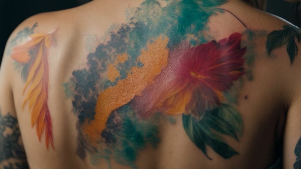 A woman with a vibrant tattoo on her back.