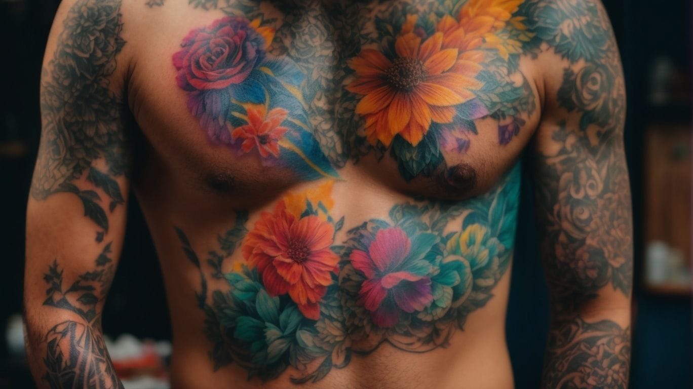 A man with tattoos on his chest, some of which start peeling.