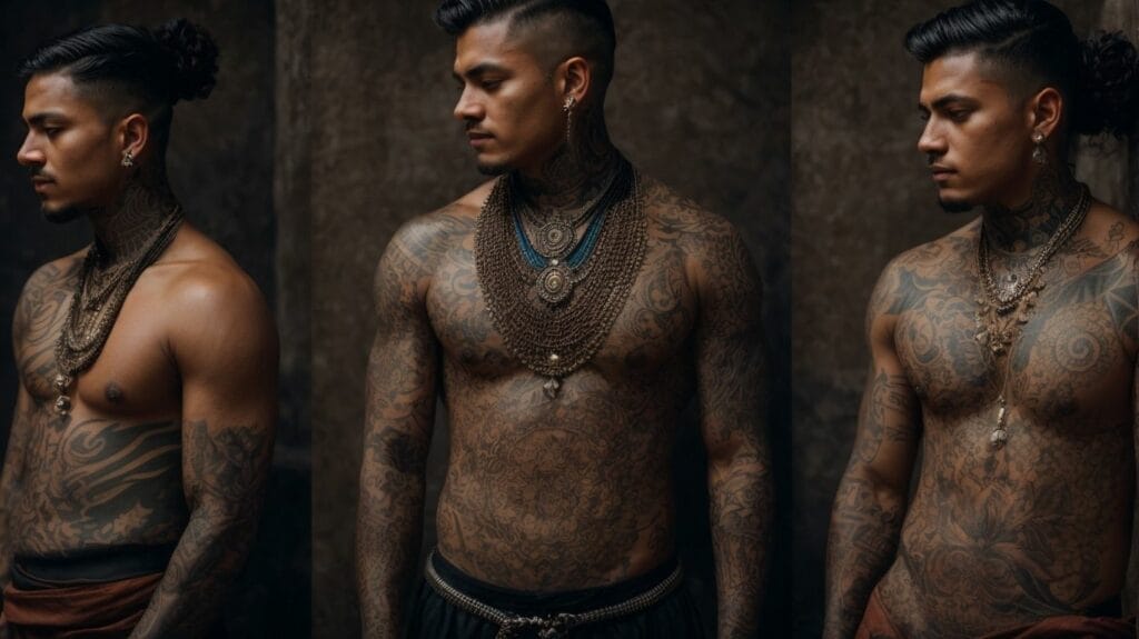 Four pictures of a man with intricate tattoos that originate from his chest.