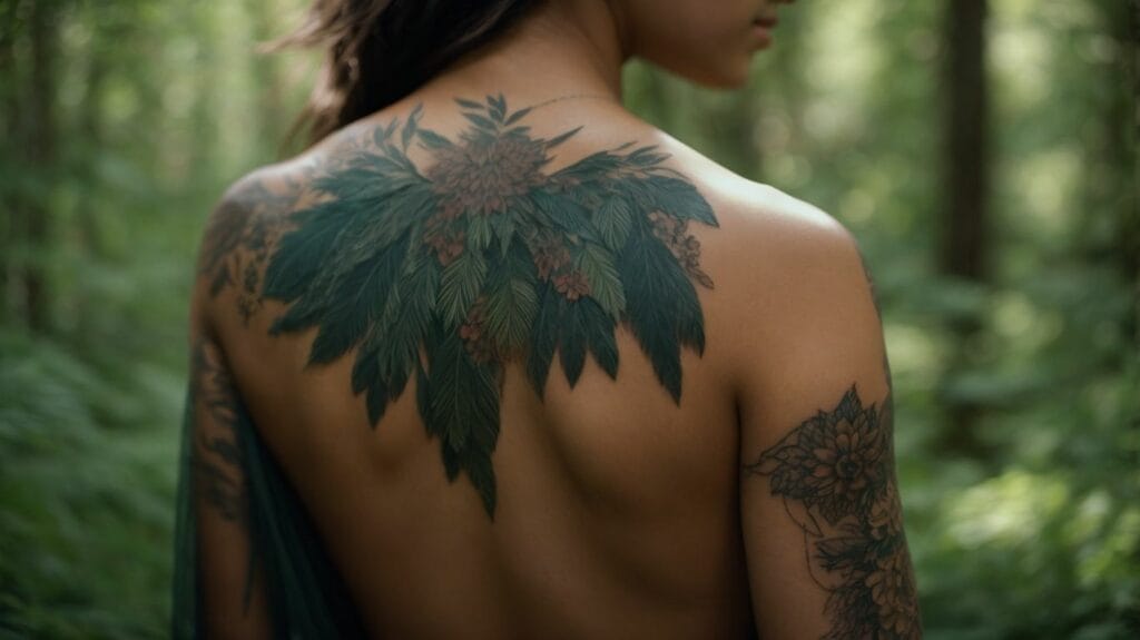 The least expected sight in the woods, a woman's back adorned with mesmerizing tattoos, gracefully defying any notion of being hurt.