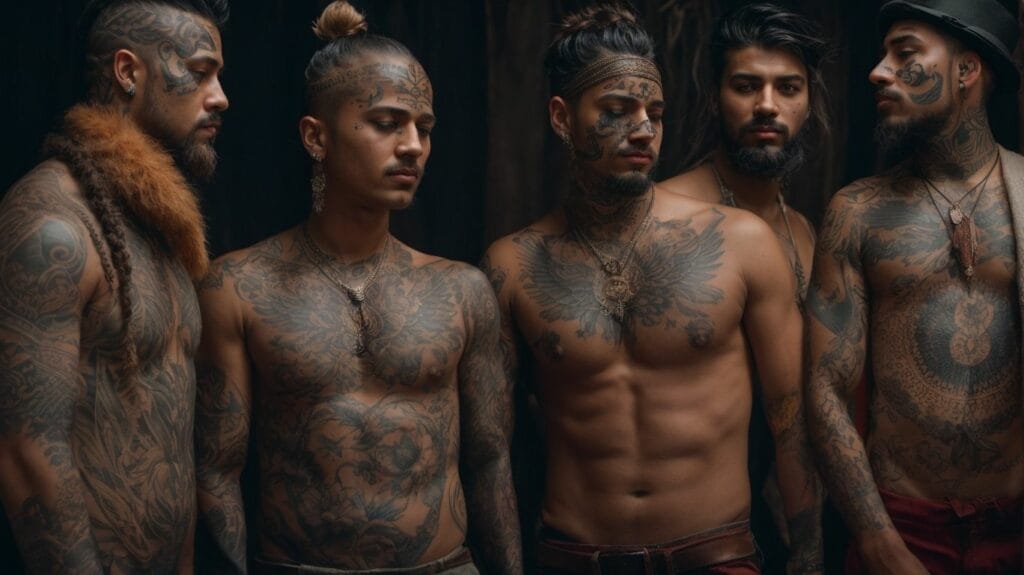 A group of men with tattoos posing in front of a dark background, showcasing their inventive tattoos.