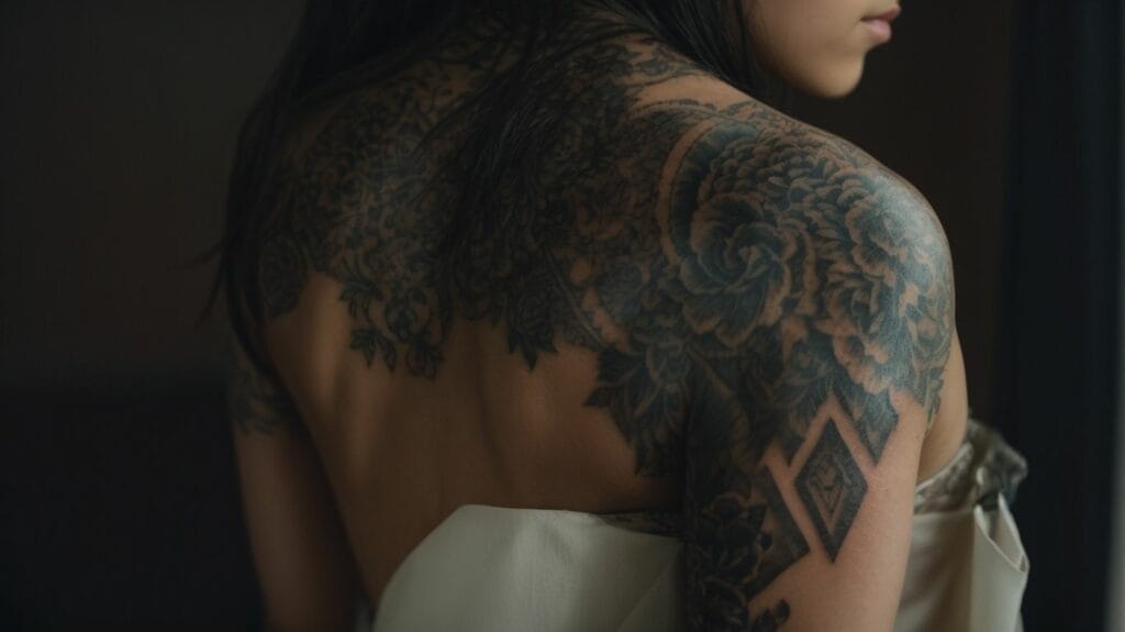 A woman with a tattoo on her back seeking tattoo removal to avoid leaving a scar.